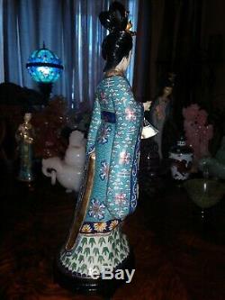 Grand 15antique Bronze Chinois Cloisonné Figurine Femme Maiden Quan Yin