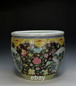 Grand 19e C. Chinois Qing Famille Rose Médaillon Floral Porcelaine Jardiniere