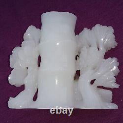 Grand 20cm Antique / Vase De Jade Blanc Chinois Vintage Avec Oiseaux Et Arbres