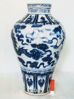 Grand 43 CM Chine Yuan Exportation Sous Glaçure Bleu Dragon Large Bouche Mei Vase