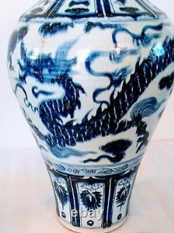 Grand 43 CM Chine Yuan Exportation Sous Glaçure Bleu Dragon Large Bouche Mei Vase