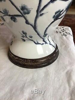 Grand 43cm Grand Bleu Blanc Paire Prunus Fleur Chinois Vase Couvert Lampes De Table