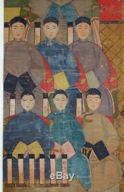 Grand Antique Ancêtre Chinois Portrait Peinture Sur Rouleau De Tissu, 19ème Siècle