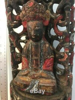 Grand Antique Asiatique / Chinoise / Oriental Bouddha En Bois Statue / Sculpture
