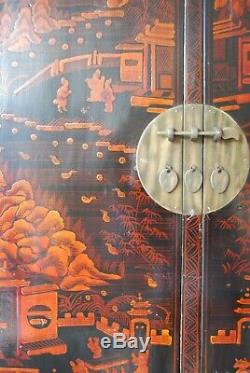 Grand Antique Cabinet Noir Et Orange Chinois Avec Des Peintures Originales C. 1910