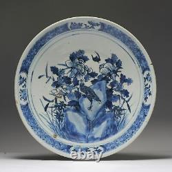 Grand Antique Chinois 19ème Siècle Porcelaine Plate Jardin Et Oiseaux Chine