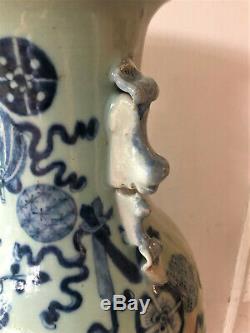 Grand Antique Chinois Bleu & Blanc Celadon Vase Balustre En Porcelaine Floor 23