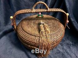 Grand Antique Chinois Couture Panier Withhandle Perles & Pompons