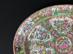 Grand Antique Chinois Médaillon Rose 16 3/4 Pouces Ovale Platter Oiseaux Papillons