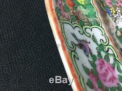 Grand Antique Chinois Médaillon Rose 16 3/4 Pouces Ovale Platter Oiseaux Papillons