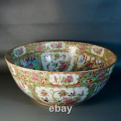 Grand Antique Chinois Punch Bowl Export Porcelaine Canton Médaillon Rose 19ème C