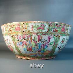 Grand Antique Chinois Punch Bowl Export Porcelaine Canton Médaillon Rose 19ème C