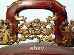 Grand Antique Chinois Sculpté Or Rouge Laque Panier De Mariage Dragons Bats Box