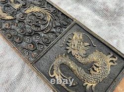 Grand Antique Chinois Sculpture sur Panneau en Bois Doré Doré de Cinq Dragons à Griffes