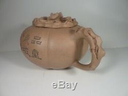 Grand Antique Chinois Yixing Teapot Persimmon Forme Calligraphie Signé Mark Seal