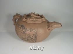 Grand Antique Chinois Yixing Teapot Persimmon Forme Calligraphie Signé Mark Seal