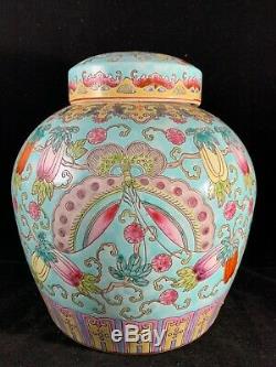 Grand Antique Famille Chinoise Pot En Porcelaine Rose Avec Le Papillon Et La Fleur