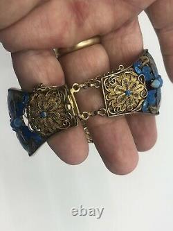 Grand Antique Lapis Coral Chinois Argent Filigree Blue Enamel Butterfly Bracelet