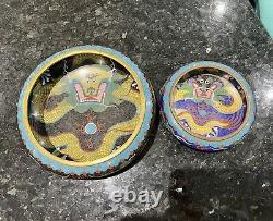 Grand Antique Oriental Chinois Cloisonne Laiton Émail Dragon Bowl Dish 20cm