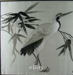 Grand Antique Panneau Chinois Broderie De Soie Photo Grue Stork Années 1920 Oiseaux