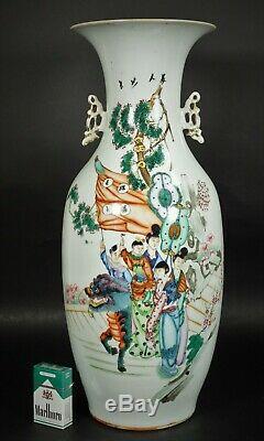 Grand Antique Porcelaine Famille Vase Rose Chine Début Du 20e Siècle République 23'