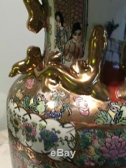 Grand Antique Vintage Canton Chinese Famille Rose Lampe De Table