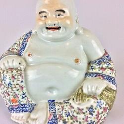 Grand Antique Vintage Porcelaine Chinoise Famille Rose Bouddha Statue Figure