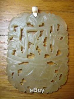 Grand Antique Vtg Sculpté Plate Jade Pendentif En Or 14k Hetian Céladon Néphrite