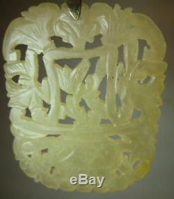 Grand Antique Vtg Sculpté Plate Jade Pendentif En Or 14k Hetian Céladon Néphrite