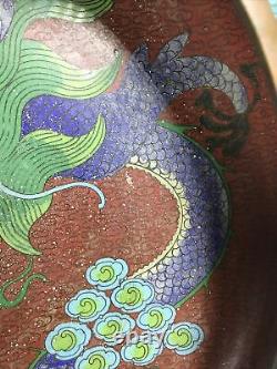 Grand Antiquité Chinois Rouge Dragon Cloisonné Bol Sceau Marque À La Base