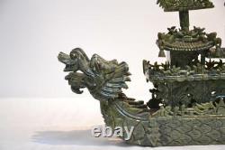 Grand Bateau Chinois De Dragon Sculpté De Jade De Hardstone 24x5x20 1/2 Oriental