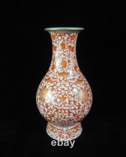 Grand Beau Chinois Antique Peinture À La Main Porcelaine Rouge Vase Qianlong Mark