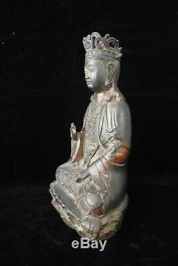 Grand Beau Vieux Bronze Chinois Guanyin Bouddha Sculpture Statue Marks