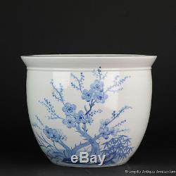 Grand Bleu Blanc Porcelaine Fishbowl Chinoise Planteur Fleurs Et Canards Chine