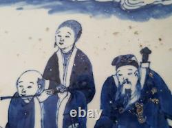 Grand Bleu Et Blanc Plaque Chinois Kangxi Quatre Caractères 8 Immortels 40 CM