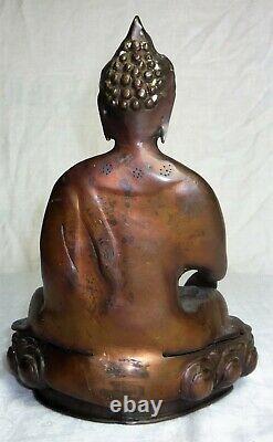 Grand Bouddha De Bronze Chinois Antique Assis Sur Lotus Leaf Véritable Antique 22cm