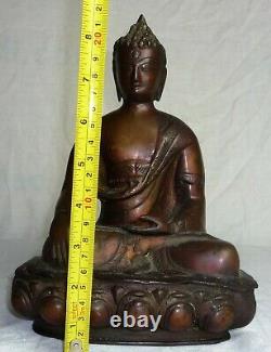 Grand Bouddha De Bronze Chinois Antique Assis Sur Lotus Leaf Véritable Antique 22cm