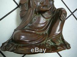 Grand Bronze Chinois Statue Guanyin Avec Du Fil D'argent Signé Zhisao 19thc 15