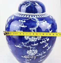 Grand Chinese Blue Et Plum Ice Ginger Jar Double Cercle Marque 25cm