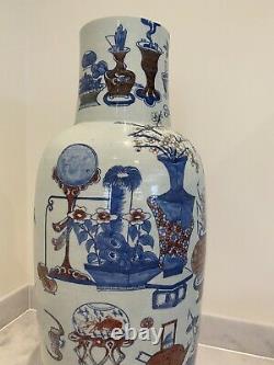 Grand Chinois 19ème Siècle Bleu Et Blanc Et Sous Glaçure Rouge Porcelaine Vase Qing