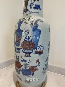 Grand Chinois 19ème Siècle Bleu Et Blanc Et Sous Glaçure Rouge Porcelaine Vase Qing