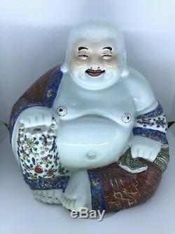 Grand Chinois Antique Porcelaine Rire Bouddha Familie Rose Decores