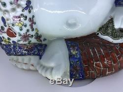 Grand Chinois Antique Porcelaine Rire Bouddha Familie Rose Decores
