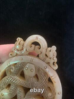 Grand Chinois Antique Qing Hetian Jade Dragon Avec 2snakes 2faces Bi Pendentif