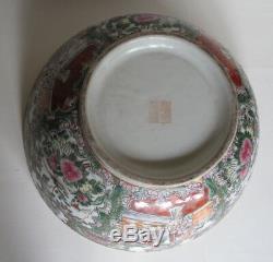 Grand Chinois D'exportation Rose Vintage Médaillon Punch Bowl Figuraux Scènes 14,25