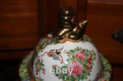 Grand Chinois Famille Rose Médaillon Foo Dog Lidded Spice Jar Vase Coloré