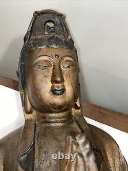 Grand Chinois Sculpté Peint Et Doré Assis Bouddha Guangying 19 Hauteur