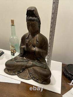 Grand Chinois Sculpté Peint Et Doré Assis Bouddha Guangying 19 Hauteur