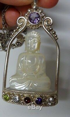 Grand Collier Pendentif Sculpté Chinois Signé Sajen En Argent Sterling Main Bouddha