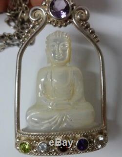 Grand Collier Pendentif Sculpté Chinois Signé Sajen En Argent Sterling Main Bouddha